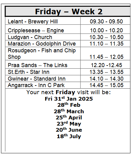 Your next Friday visit will be: 28th Feb, 28th Mar, 25th April, 23rd May, 20th June, 18th July 2025